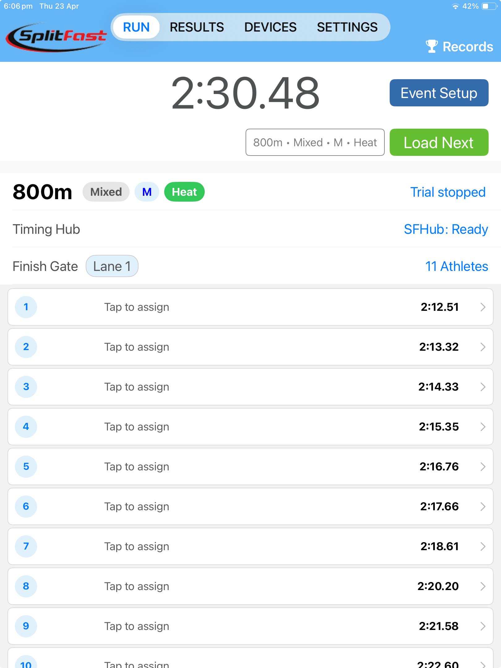 SplitFast Timing App Run page showing 800m Mixed Male Heat immediately after the race with 11 Tap to assign rows and finish times from 2 minutes 12 seconds to 2 minutes 22 seconds